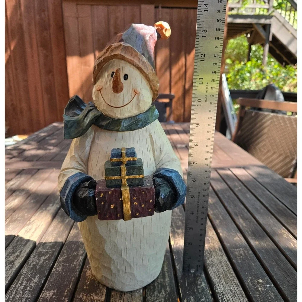 Vintage Faux Carved Wood Resin Snowman Figurine Holding Presents